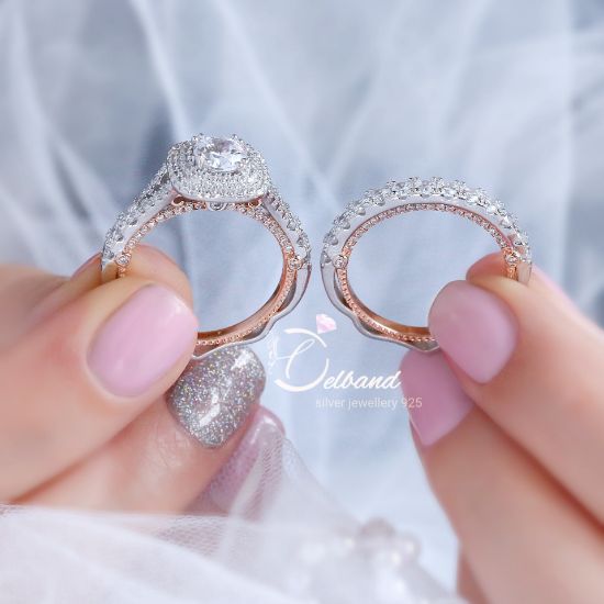 💍حلقه و پشت حلقه جواهری فاخر مطابق طراحی برند ژورنالی جواهرات verragio ؛ نقره عیار ۹۲۵ با روکش طلا سفید‌‌‌‌‌‌‌ و داخل رکاب رزگلد(P_2021)
