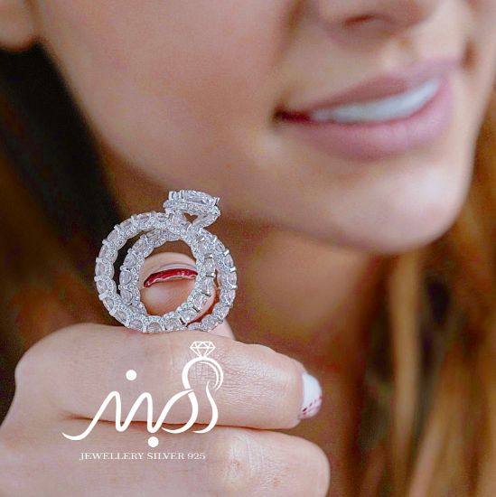 💍حلقه و پشت حلقه جواهری دورنگین آمریکایی ، نگین Round ؛ با طراحی خاص و زیبا نقره عیار 925 با روکش طلا سفید‌‌‌‌‌‌‌ ‌‌	