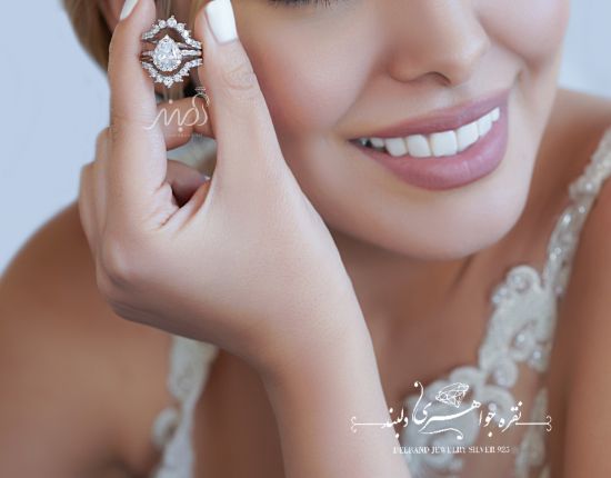 💍حلقه و پشت حلقه جواهری سه تیکه با نگین Pear  ؛ خاص و زیبا و چشم نواز نقره عیار 925 (P_2034)