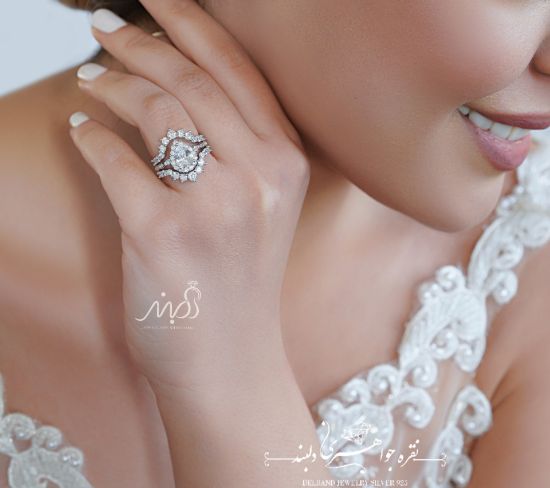 💍حلقه و پشت حلقه جواهری سه تیکه با نگین Pear  ؛ خاص و زیبا و چشم نواز نقره عیار 925 (P_2034)