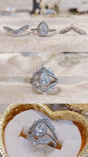 💍حلقه و پشت حلقه جواهری سه تیکه با نگین Oval ؛ خاص و زیبا و چشم نواز نقره عیار ۹۲۵ (P_2037)