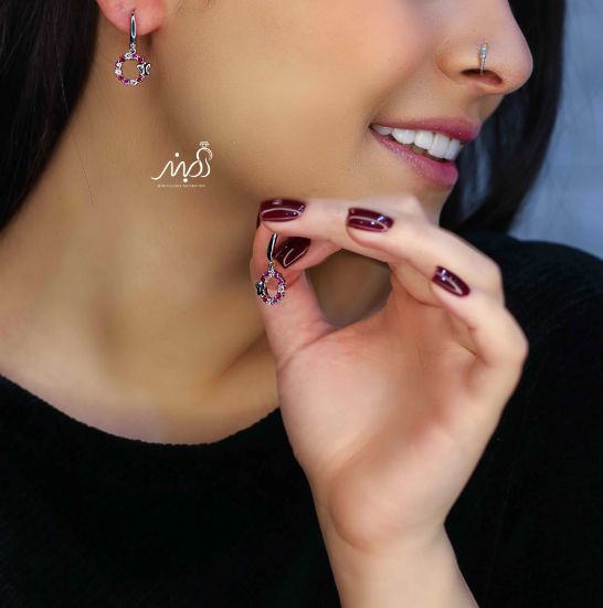 💍گوشواره حلقه ای آویز دار رنگی خاص و زيبا ؛ با طراحي زيبا نقره عیار 925 (E_5034)