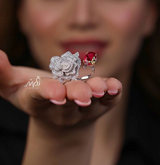 💍انگشتر جواهري لاکچری گل و نگین یاقوتی خاص و زیبا؛ نقره عیار 925(R_1238)	