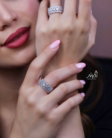 💍حلقه جواهری دورنگین آمریکایی ، طرح ترکیبی فلاور و نگین های Marquise ؛ با طراحی خاص و زیبا نقره عیار ۹۲۵ با روکش طلا سفید‌‌‌‌‌‌‌ ‌‌	