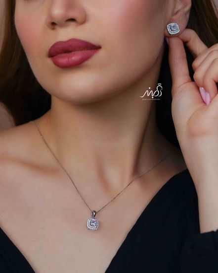 💍نیم ست جواهری مربعی (آويز و گوشواره ) خاص و زیبا ، نقره عیار 925( N_4398)
