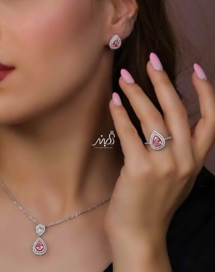 💍نیم ست جواهری اشکی با نگین صورتی خاص و زيبا نقره عیار ۹۲۵ (آويز ،گوشواره و انگشتر )(N_4402)‌‌‌‌‌‌ ‌