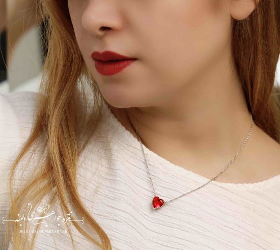 💍گردنبند طرح جواهر قلب با نگین یاقوتی ؛ با طراحی زیبا و ظریف نقره عیار ۹۲۵ با روکش طلا سفید‌‌‌‌‌‌‌(G_3058)