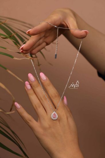 💍گردنبند جواهری اشکی با نگين صورتی خاص و زیبا ، نقره عیار ۹۲۵ (G_3290)‌‌‌‌‌‌