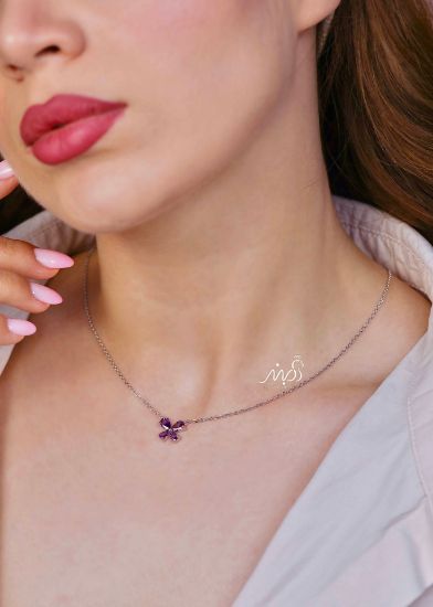 💍گردنبند جواهری گل با نگین بنفش ، خاص و زیبا ، نقره عیار ۹۲۵ (G_3267)‌‌‌‌‌‌