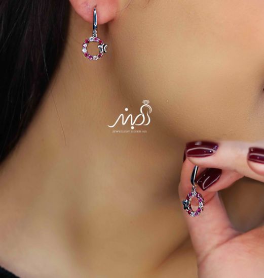 💍گوشواره حلقه ای آویز دار رنگی خاص و زيبا ؛ با طراحي زيبا نقره عیار ۹۲۵ (E_5034)