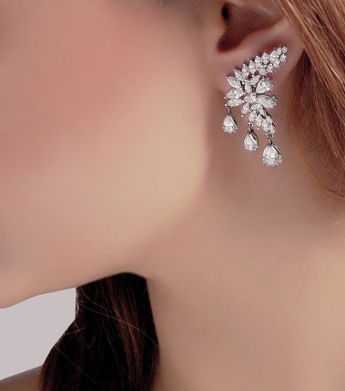 💍گوشواره جواهری لوکس ؛ لاله گوشی نگین مارکیزی با طراحی ژورنالی نقره عیار ۹۲۵ با روکش طلا سفید‌‌