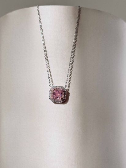 💍گردنبند جواهری مربعی با نگين صورتی خاص و زیبا ، نقره عیار 925 (G_3293)‌‌‌‌‌‌	