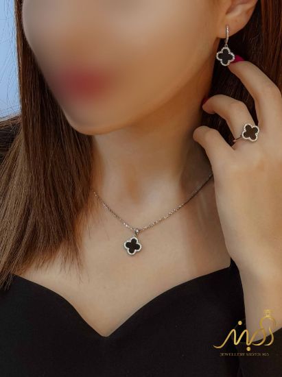 💍نیم ست ونکلیف مشکی(آويز و گوشواره و انگشتر) خاص و زیبا ، نقره عیار ۹۲۵( N_4417)	